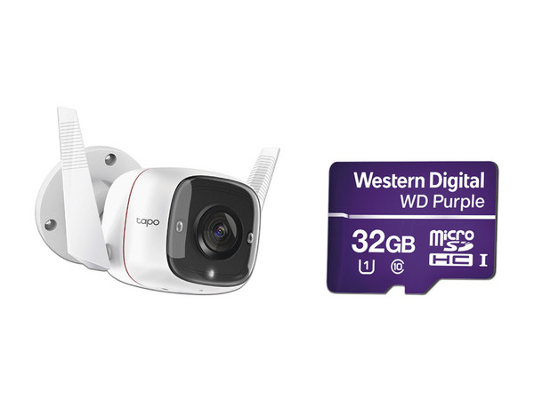 Cámara de Vigilancia TP-Link Tapo C310 para exterior de 3MP, IR hasta 30m, Wi-Fi, IP66, incluye Memoria Western Digital Purple QD101 MicroSDXC de 32GB.
