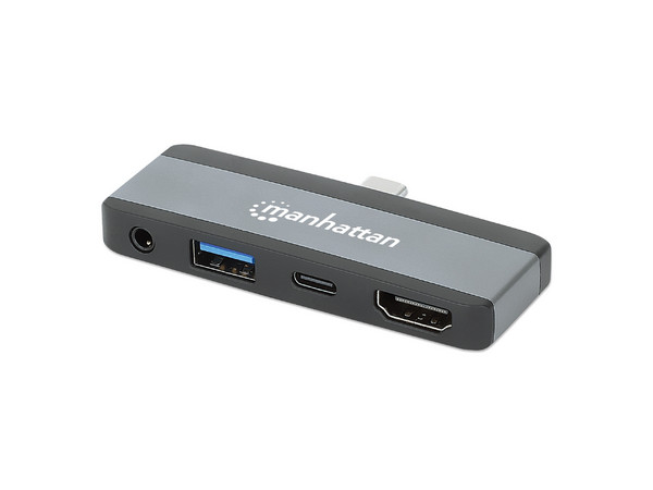Docking Station USB-C 4 en 1, USB 3.2 Tipo-C a HDMI 4K a 30 Hz, USB-A 10 Gbps, USB-C Power Delivery 100 W, Puerto de Audio 3.5 mm, Aluminio, Negro/Gris Espacial.
