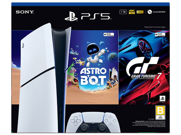 Consola PlayStation 5 Slim Edición Digital de 1TB, Incluye Videojuegos Gran Turismo y Astro Bot, 120FPS, HDR, 4K, Color Blanco.