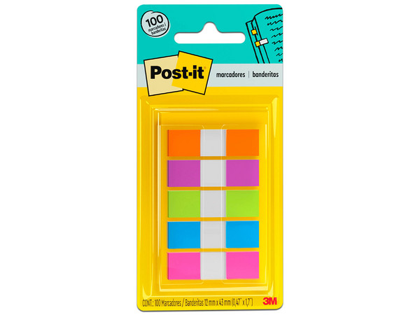Banderitas Adhesivas 3M Post-it (683-5CB) Neón, 12mm x 43mm, 5 Blocks con 20 Banderitas c/u