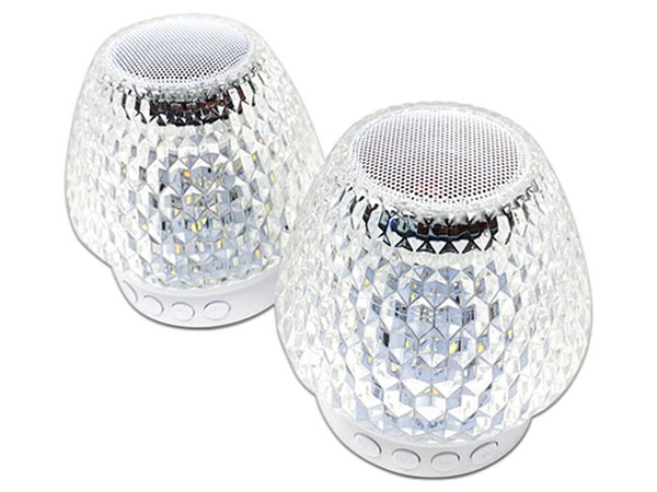 Juego de 2 bocinas Highlink Berry Speaker, forma cónica, blanco, Bluetooth, iluminación RGB, USB y SD, batería recargable 1200mAh.