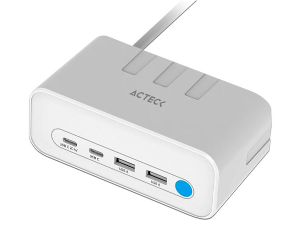 Cargador de Escritorio Acteck Energon Mate CE676, 20W, 3 Contactos AC, 2 Puerto Tipo A, 1 Puerto UCB Tipo C, Color Blanco.