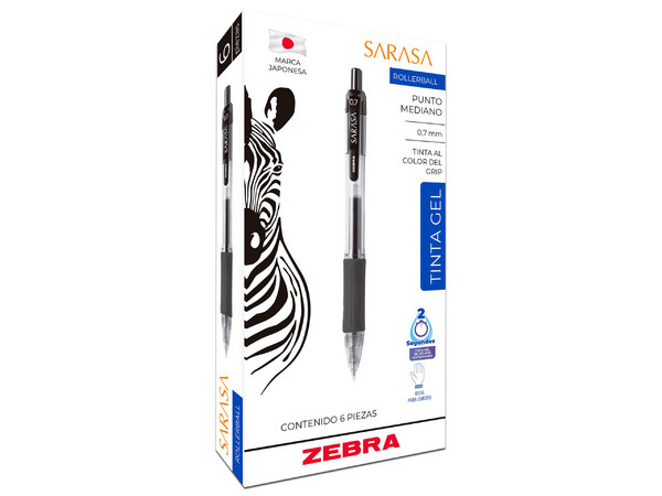 Bolígrafo Zebra Sarasa, Retráctil, Punto Mediano 0.7 mm, Tinta Gel, Color Azul, Caja con 6 Piezas.