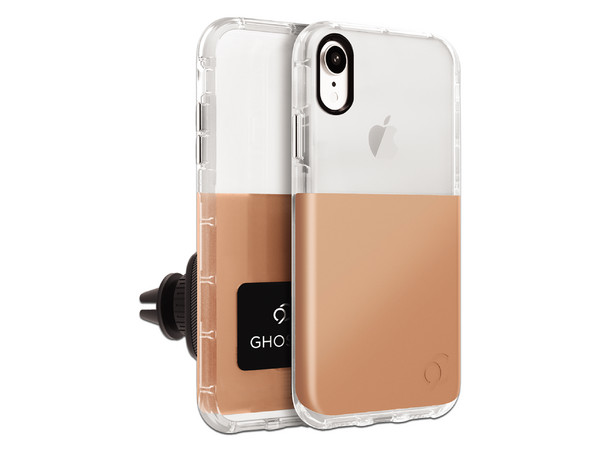 Funda Nimbus9 Ghost para iPhone XR, con soporte magnético. Color Transparente / Dorada.