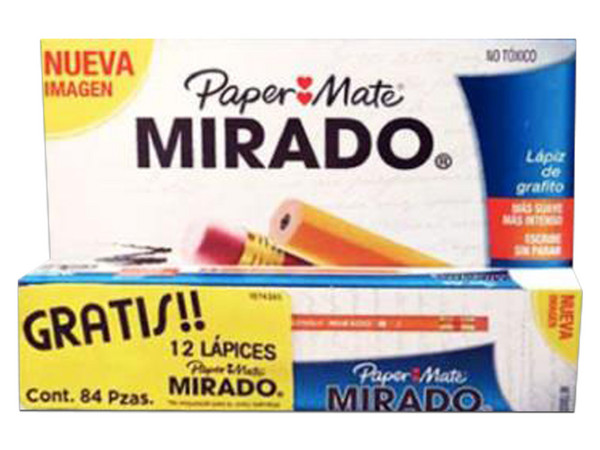 Lápiz de Grafito Paper Mate MIRADO, Mina HB2, con Goma de Borrar. Caja con 72 Piezas más 12 de Regalo (Total 84 Piezas)