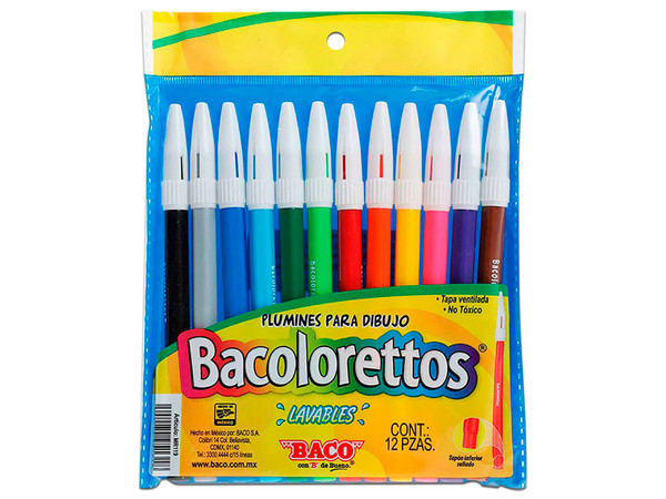 Plumones Bacolorettos, Paquete de 12 piezas multicolores.