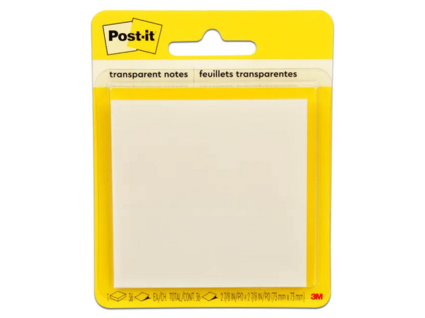 Notas Adhesivas 3M Post It, 2.8 x 2.8", Transparente. 1 Block con 36 Hojas en Blister. Autoadhesivo con Factor de Forma Cuadrado. Dimensiones: 73 x 73 mm.