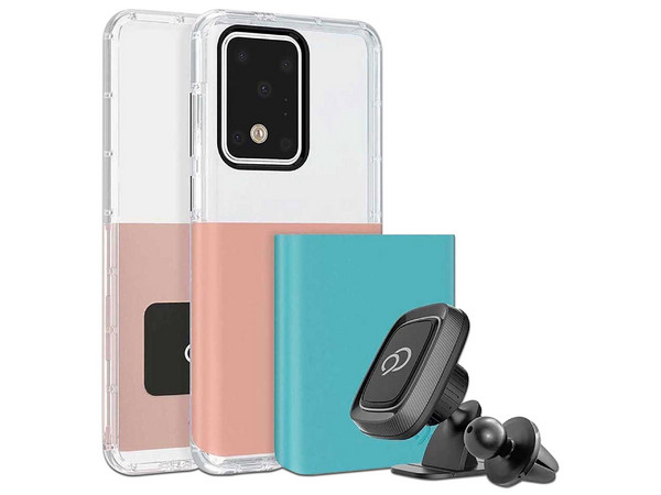 Funda NIMBUS9 Ghost 2 para SAMSUNG S20 ULTRA, Sistema de Soporte Magnético Integrado, Carcasa con Color Rosa/Azul Intercambiable. Transparente.Incluye Soporte Magnético con Carga Inalámbrica Nimbus9 N9GT-CMSM para Automóvil. Color Negro.