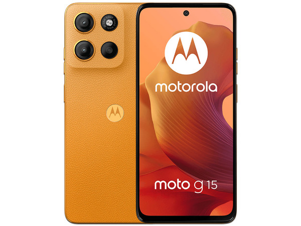 Smartphone Motorola Moto G15: Procesador Mediatek Helio G81 (hasta 2.0 GHz) , Memoria RAM de 4GB, Almacenamiento de 256GB, Pantalla LED Multi-Touch de 6.7" FHD+, Bluetooth, Wi-Fi, Cámara principal de 50MP, Android 14, Color Naranja.
