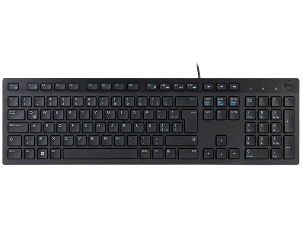 Teclado Dell KB216-BK-LTN, conexión USB, distribución en español, diseño compacto y silencioso, color negro.