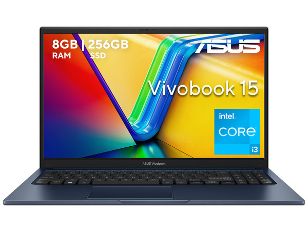Laptop ASUS VivoBook: Procesador Intel Core i3 1315U (hasta 4.5 GHz), Memoria de 8GB DDR4, SSD de 256GB, Pantalla de 15.6" LED, Video UHD Graphics, S.O. Windows 11 Home (64 Bits).