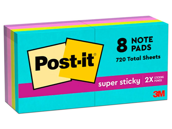 Notas Adhesivas 3M Post-it Super Sticky Miami 2x2" (5x5 cm), 90 hojas por block, paquete con 8 blocks.