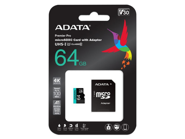 Memoria ADATA Premier Pro MicroSDXC UHS-1 U3 V30 de 64GB, Clase 10, incluye adaptador SD. - imagen 3