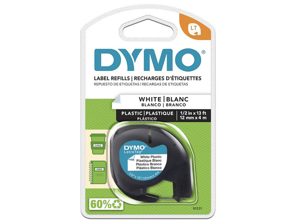 Cinta para etiquetadora Dymo Letratag, color negro sobre blanco, material plástico, ideal para crear etiquetas duraderas y legibles.