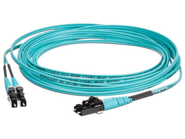 Jumper de Fibra Óptica PANDUIT FX2ERLNLNSNM005, Multimodo 50/125 OM3, LC-LC Dúplex, OFNR (Riser), Color Aqua, 5m.