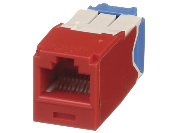 Conector Jack RJ45 Panduit CJ6X88TGRD Estilo TG, Categoría 6A, Mini-Com, 8 posiciones y 8 cables. Color Rojo.
