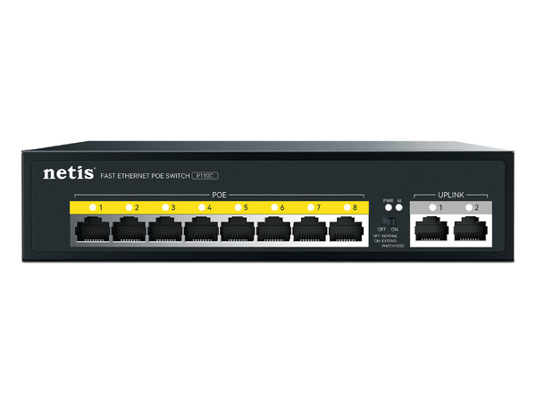 Switch Netis P110C de 8 puertos PoE 10/100Mbps y 2 puertos Uplink 10/100Mbps, 120W. Color Negro.