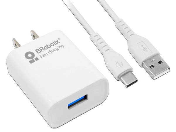Cargador de Pared BRobotix de Carga Rápida, 2.1A, Incluye Cable USB-A a USB-C. Color Blanco.