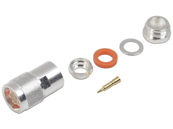 Conector Tipo N Macho RF Industries para Cables Coaxiales, Conexión de Rosca, Color Plateado.