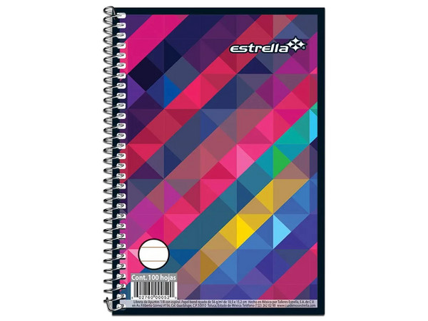 Libreta Estrella 1/8 con Encuadernación en Espiral y Papel Rayado. 100 Hojas, Ancho de 154 mm, Profundidad de 100 mm, Peso de Media de 56 g/m, Colores Variados, Portada Rústica.
