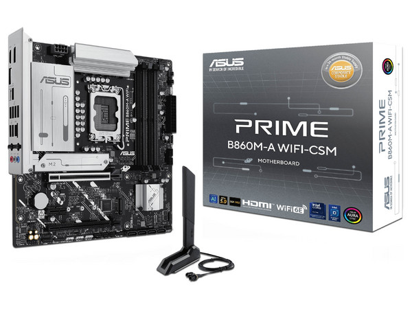 T. Madre ASUS PRIME B860M-A WIFI-CSM: Chipset B860, Soporta: Procesadores Intel Core Ultra (Series 2), Socket LGA 1851, Memoria: DDR5 8600/6800/5600MHz, 256GB Max, Integrado: Wi-Fi, USB, M.2, Micro- ATX, Ptos: 1xPCIE5.0x16.
