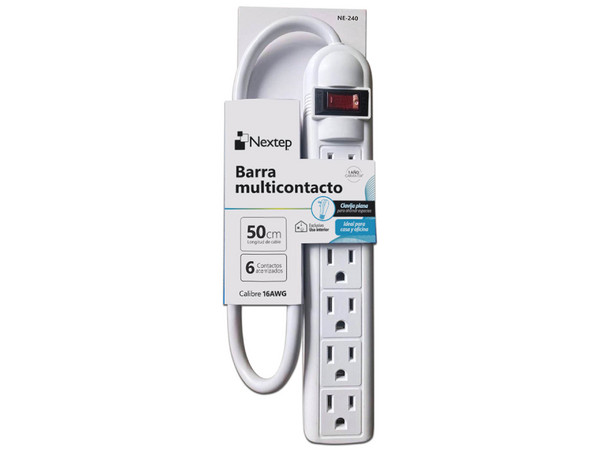Barra Multicontacto Nextep NE-240, 6 Contactos Aterrizados, Cable de 50cm, Color Blanco.