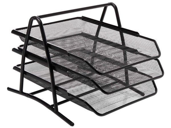 Charola organizadora de malla metálica Nextep de 3 niveles, color negro, tipo oficio. Paquete con 2 piezas.