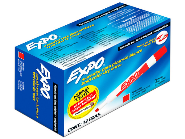 Paquete de Marcadores Expo para Pizarrón Blanco, Punta tipo Cincel, 12 piezas, Color Rojo.