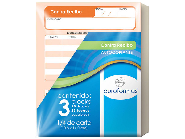 Contra Recibo 1/4 Carta, con Copia, Euroformas ER0102, 25 Juegos.
