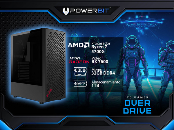 PC Gamer Powerbit Overdrive:Procesador AMD Ryzen 7 5700 (hasta 4.6 GHz),Memoria 32GB DDR4 RGB (3200MHz),SSD NVMe de 1TB,Tarjeta de Video AMD Radeon RX 7600 (8GB GDDR6),S.O. Windows 11 Home (Versión de Prueba).Incluye 4 Ventiladores.