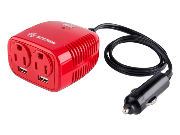 Inversor de Corriente Steren INV-150 para automóvil, 2 contactos de 3 polos, USB, 150W, 100 - 120 Vca. Color Rojo