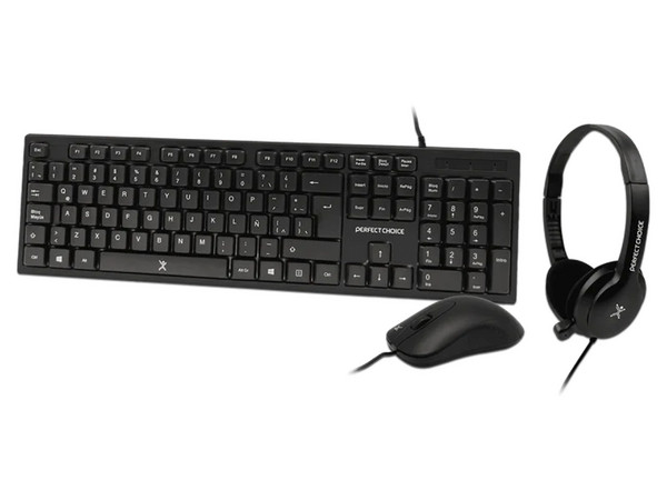 Kit Alámbrico Perfect Choice PC-201717, Incluye Teclado USB / Mouse Óptico USB / Diadema 3.5mm. Color Negro