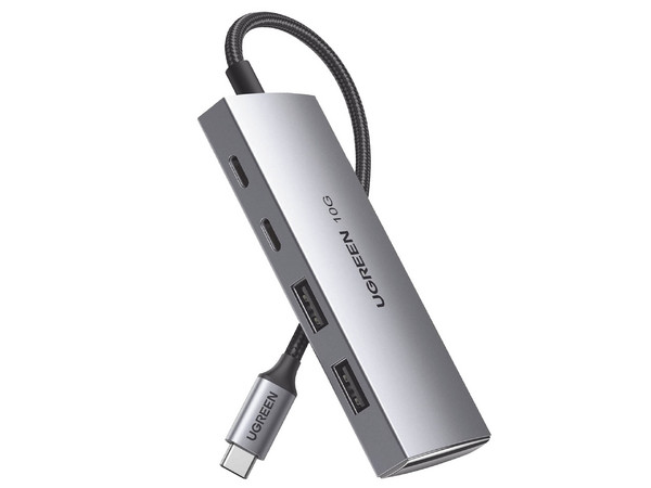 HUB USB-C 3.2 4 en 1 con 2 puertos USB-C 3.2 de 10 Gbps, 2 puertos USB-A 3.2 de 10 Gbps, compatible con OTG, MacBook, Chromebook, iMac, iPad Pro, iOS, Windows, MacOS y Android. Carcasa de aluminio con cable de nylon trenzado.