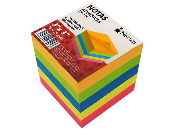 Notas Adhesivas Nextep 3x3 Neon con 5 bloques y 500 hojas por bloque. Paquete con 6 piezas.