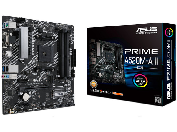 T. Madre ASUS PRIME A520M-A II/CSM, Chipset AMD AM4,Soporta: Procesadores Ryzen Series 5000/4000G/3000,Memoria: 4 x DIMM DDR4, 128GB Max,Integrado: Audio HD, Red, USB 3.2, SATA 3.0 y M.2,Micro-ATX, Ptos: 1xPCIEx16, 2xPCIEx1.