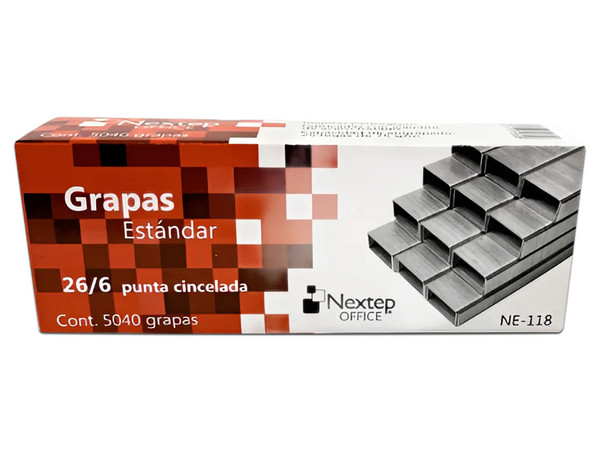 Grapas Estándar Nextep 26/6 con 5000 piezas por caja y presentación en paquete de 10 cajas.