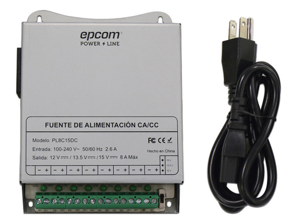 Fuente de Poder Metálica Epcom de 12 Vcc / 13.5 Vcc / 15 Vcc para 8 Cámaras, 8 A.