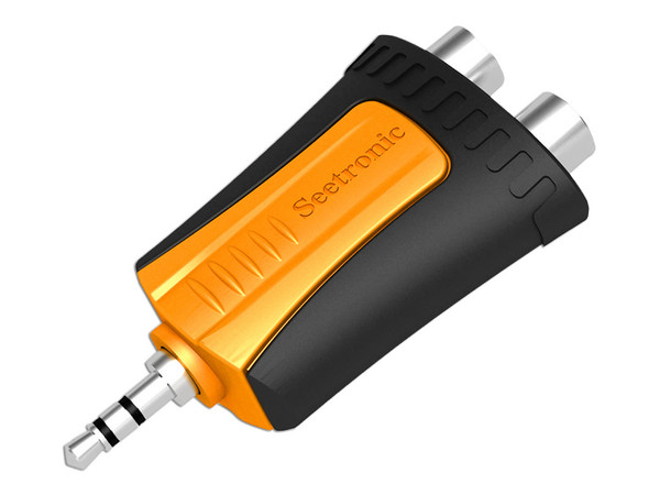 Adaptador de Audio Seetronic MMJ3-2RF de 2 puertos RCA Hembra a 1 Jack 3.5mm Estéreo. Color Amarillo.