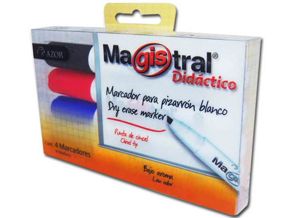 Marcador Magistral Didáctico para Pizarrón, Punta Cincel, 4 Piezas. Colores Surtidos.