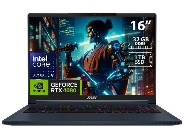 Laptop Gamer MSI Stealth 16 AI Studio A1V: Procesador Intel Core Ultra 9 185H (hasta 5.1 GHz), Memoria de 32GB DDR5, SSD de 1TB, Pantalla de 16" LED, 240Hz,Video NVIDIA GeForce RTX 4080, S.O. Windows 11 Home, Teclado en Inglés.