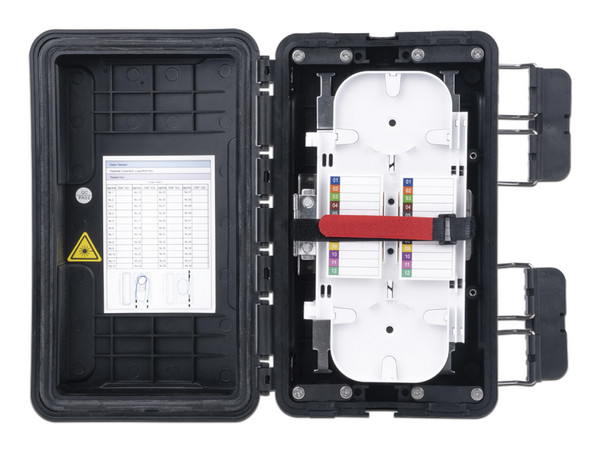 Caja de Distribución de Fibra Óptica FiberHome, Hasta 96 Empalmes, Exterior IP65, Color Negro.