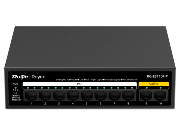 Switch Ruijie RG-ES110F-P de 8 Puertos PoE+ 10/100BASE-T, 2 Puertos 10/100BASE-T, Protección Eléctrica de 4KW.