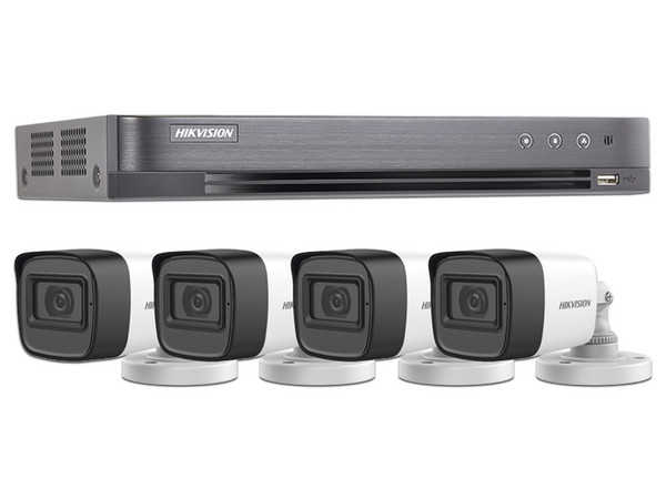 Kit de Videovigilancia Hikvision HIK5MPSLQ-KIT(B), DVR de 4 Canales TurboHD y 4 Canal IP, 4 Cámaras tipo Bala de 5MP con Micrófono, Fuente de Poder de 3.3A y 4 cables BNC coaxial.