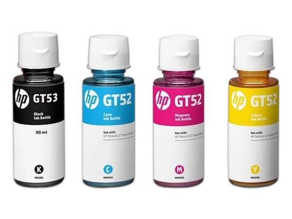 Kit de 4 Botellas de Tintas HP GT53 y CT52, Color Negro, Cian, Magenta y Amarillo.