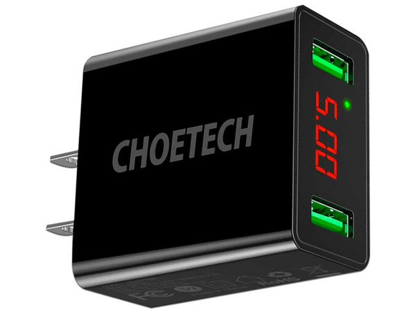 Cargador de Pared Choetech C0028 de Carga Rápida con 2 puertos USB Tipo A, 2.2A, Pantalla Led, Color Negro.