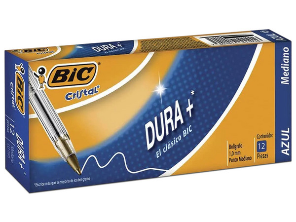 Bolígrafo BIC Cristal Dura+, punto mediano 1.0 mm, color azul, paquete con 12 piezas, escritura suave y duradera.