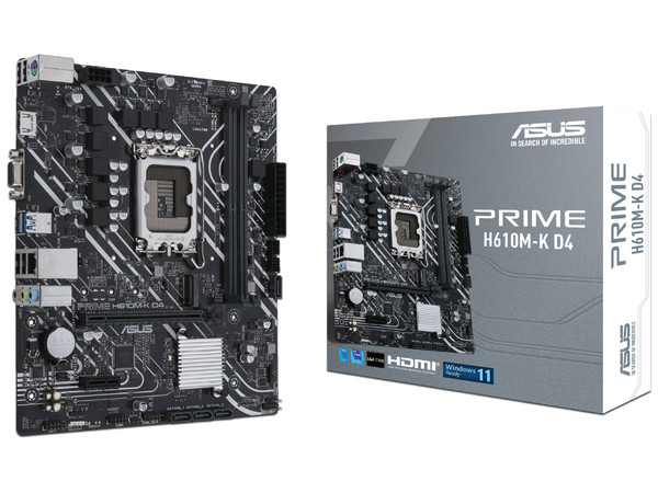 T. Madre ASUS PRIME H610M-K D4, Chipset Intel H610,Soporta: Intel 12va. Generación, Socket 1700,Memoria: DDR4 3200/2800/2133MHz, 64GB Max,Integrado: AudioHD, Red, USB 3.1 y SATA 3.0, M.2, Micro-ATX, Ptos: 1xPCIE4.0x16, 1xPCIE3.0x1.