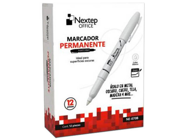 Marcador Permanente Nextep Punta Fina 2mm, Color Blanco, Caja con 12 Piezas.
