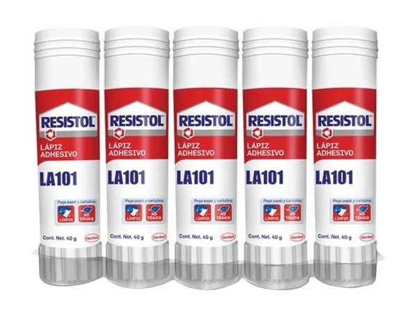 Lápiz adhesivo Resistol LA, 40 g, paquete con 5 piezas.