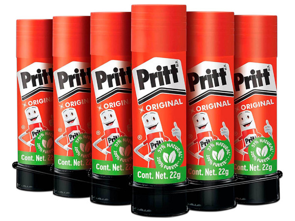 Lápiz Adhesivo Pritt 22g. Caja con 12 piezas, adhesivo en barra de secado rápido, resistente y sin solventes, ideal para papel, cartón y manualidades.